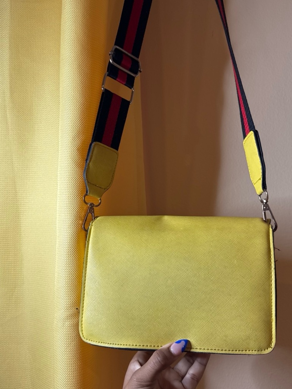 Yellow Graphic Crossbody Bag with Striped Strap - Picture 2 of 4